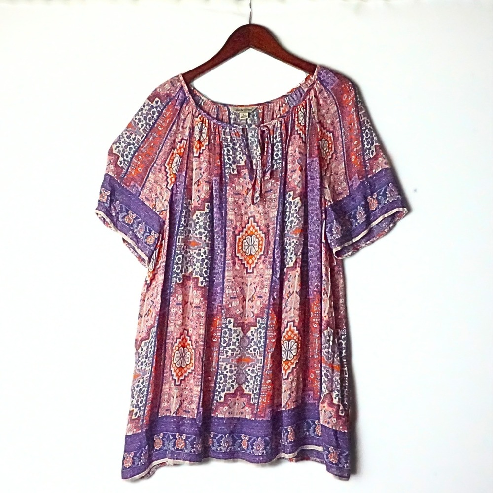 Lucky Brand Purple Orange Medallion Paisley Peasant Top Large Short Sleeve Rayon
